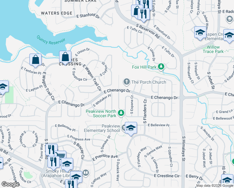 map of restaurants, bars, coffee shops, grocery stores, and more near 4913 South Dunkirk Way in Centennial