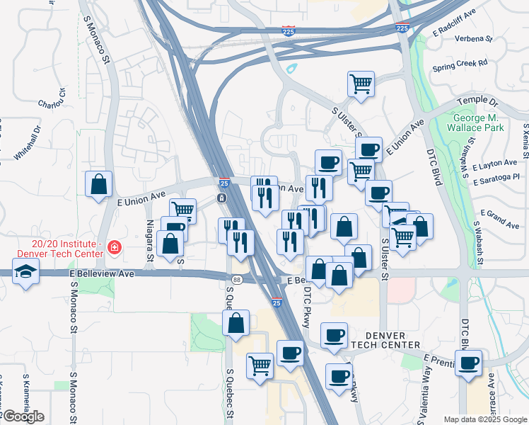 map of restaurants, bars, coffee shops, grocery stores, and more near 4900 South Syracuse Street in Denver