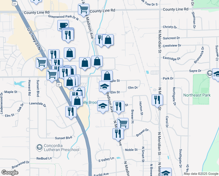 map of restaurants, bars, coffee shops, grocery stores, and more near 855 North Madison Avenue in Greenwood