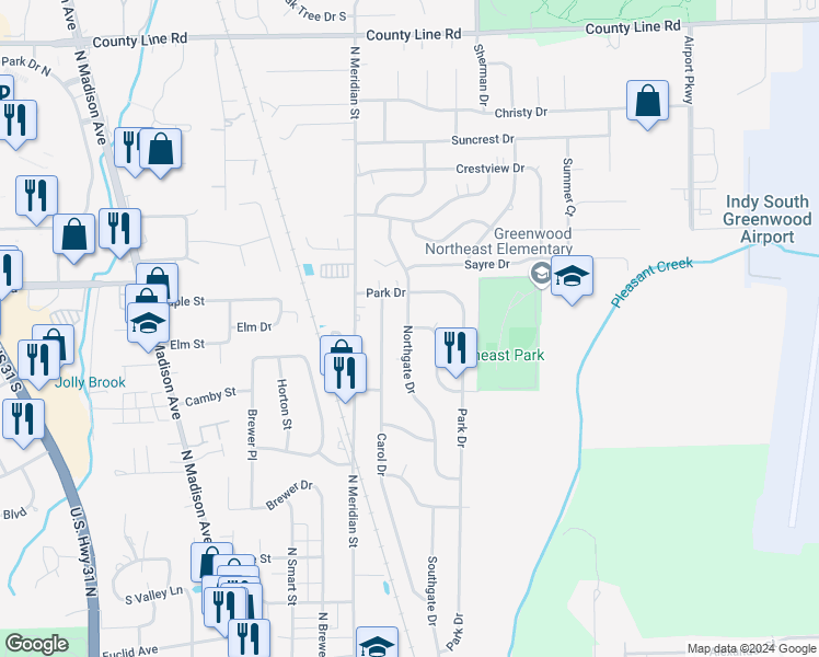 map of restaurants, bars, coffee shops, grocery stores, and more near 630 Gooseberry Lane in Greenwood