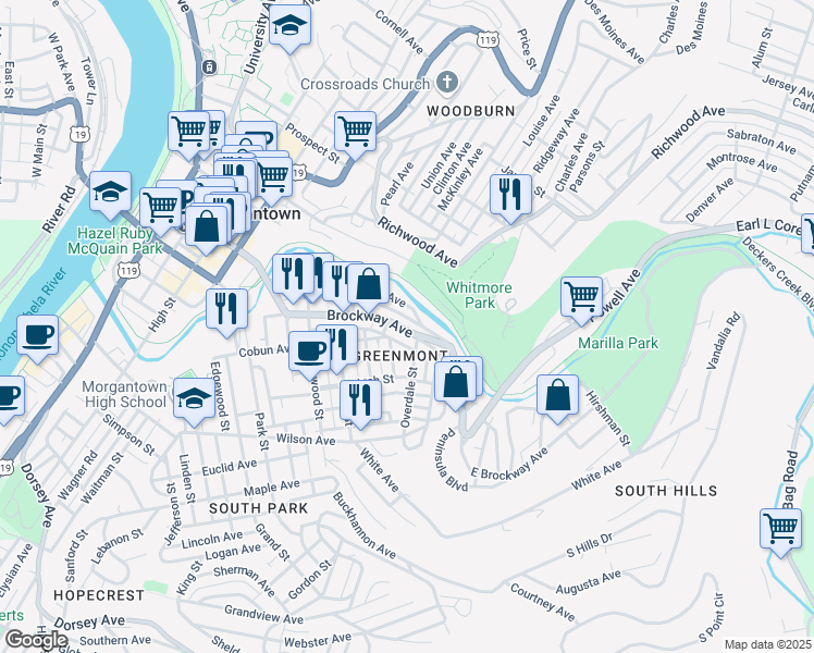 map of restaurants, bars, coffee shops, grocery stores, and more near 573 Brockway Avenue in Morgantown