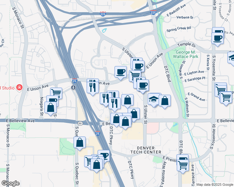 map of restaurants, bars, coffee shops, grocery stores, and more near 4700 South Syracuse Street in Denver