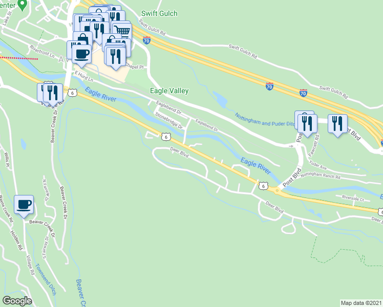 map of restaurants, bars, coffee shops, grocery stores, and more near 1608 Deer Boulevard in Avon