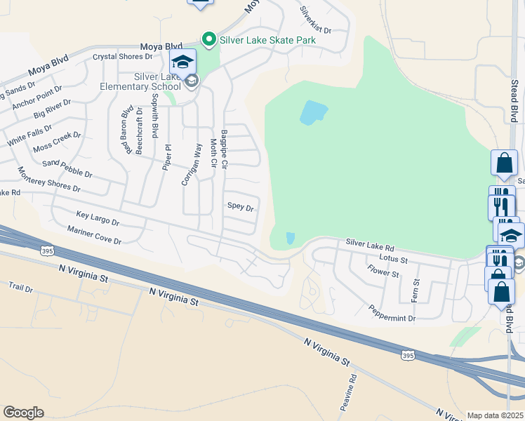 map of restaurants, bars, coffee shops, grocery stores, and more near 8410 Halladale Drive in Reno