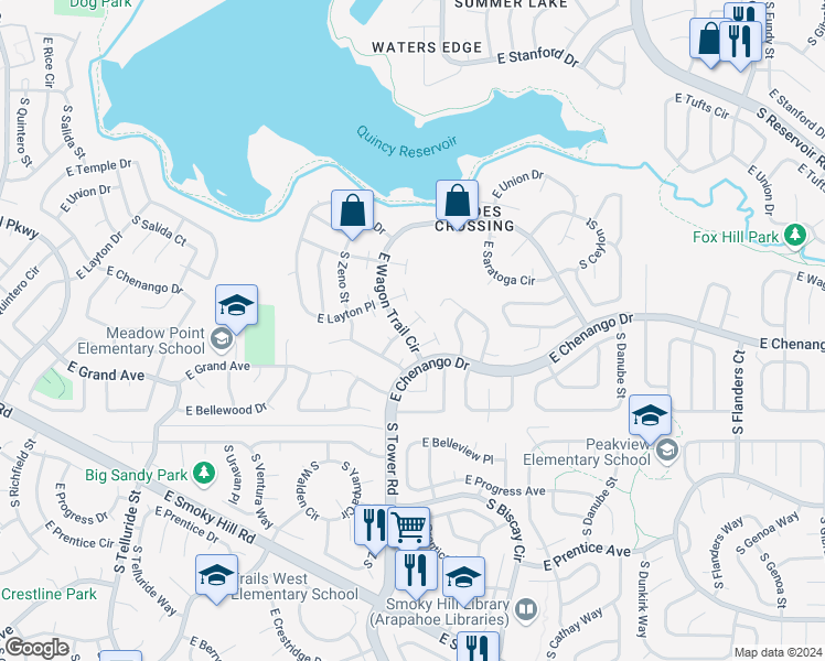 map of restaurants, bars, coffee shops, grocery stores, and more near 18602 East Wagon Trail Circle in Aurora