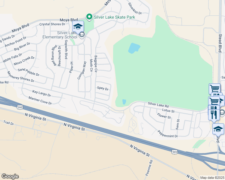 map of restaurants, bars, coffee shops, grocery stores, and more near 8410 Halladale Drive in Reno