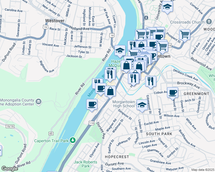 map of restaurants, bars, coffee shops, grocery stores, and more near 114 Clay Street in Morgantown