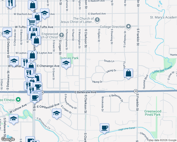 map of restaurants, bars, coffee shops, grocery stores, and more near 4930 South Clarkson Street in Englewood