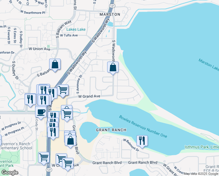 map of restaurants, bars, coffee shops, grocery stores, and more near 7638 West Layton Way in Littleton
