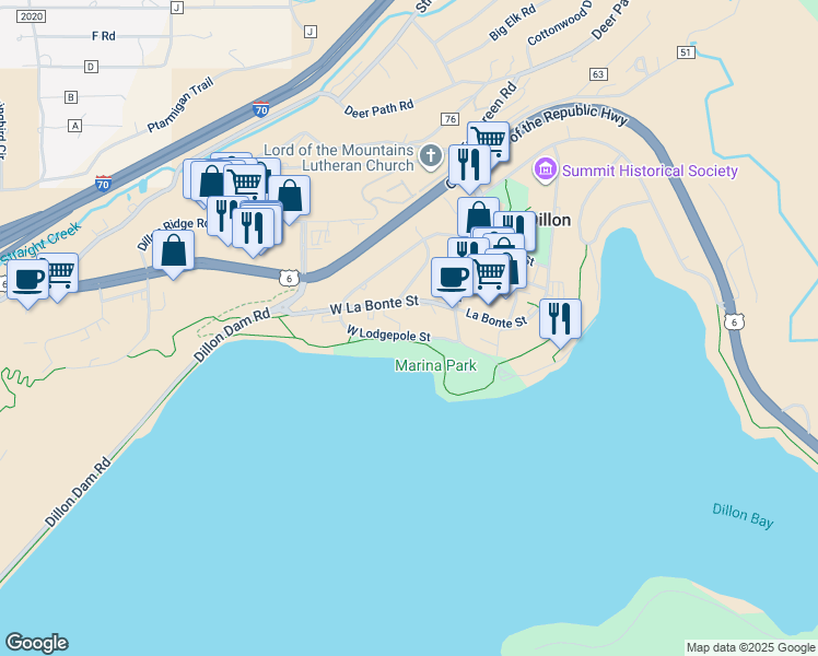 map of restaurants, bars, coffee shops, grocery stores, and more near 224 Lodgepole Street in Dillon
