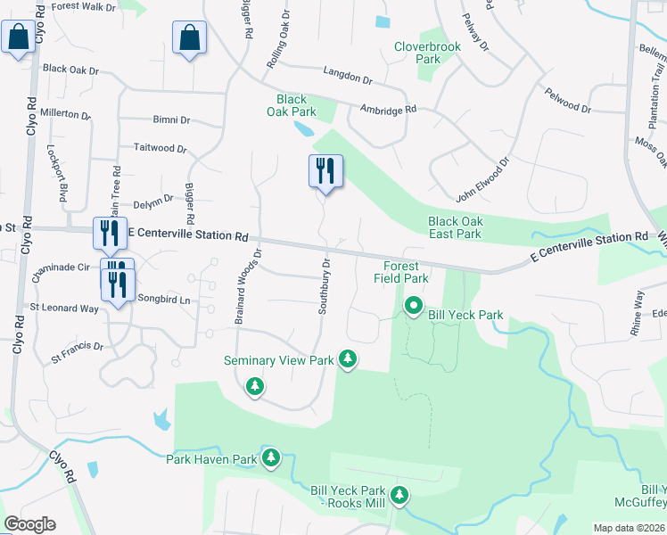 map of restaurants, bars, coffee shops, grocery stores, and more near 7906 Southbury Drive in Dayton