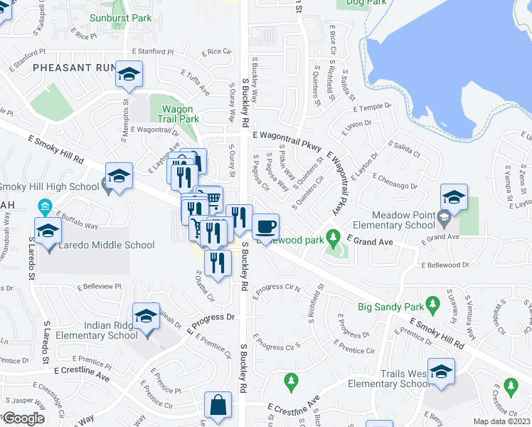 map of restaurants, bars, coffee shops, grocery stores, and more near 16932 East Chenango Avenue in Aurora