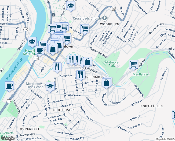 map of restaurants, bars, coffee shops, grocery stores, and more near 509 Clark Street in Morgantown