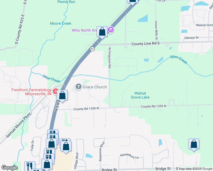 map of restaurants, bars, coffee shops, grocery stores, and more near 13682 County Road 450 East in Morgan County