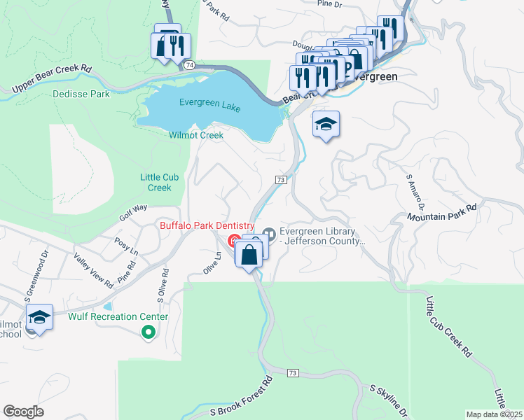 map of restaurants, bars, coffee shops, grocery stores, and more near 4960 County Road 73 in Evergreen