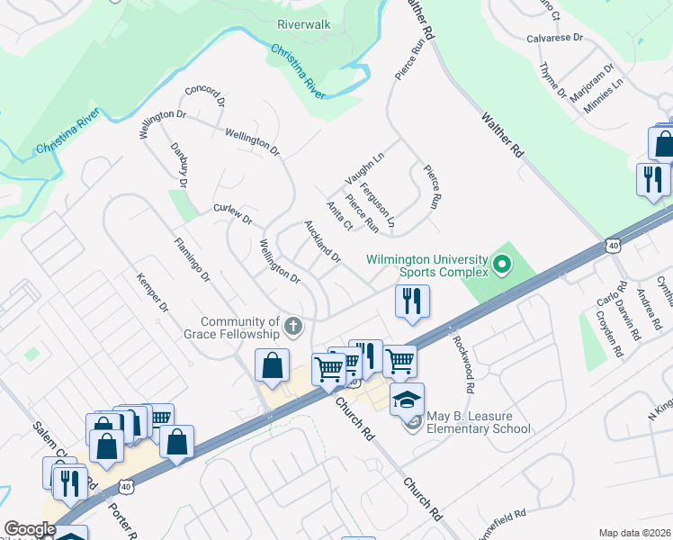 map of restaurants, bars, coffee shops, grocery stores, and more near 13 Laxford Drive in Newark