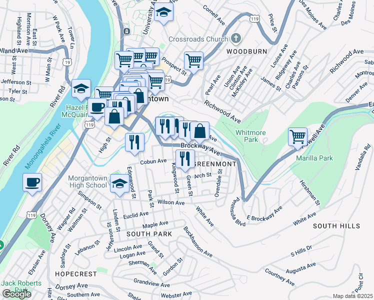 map of restaurants, bars, coffee shops, grocery stores, and more near 427 Clark Street in Morgantown