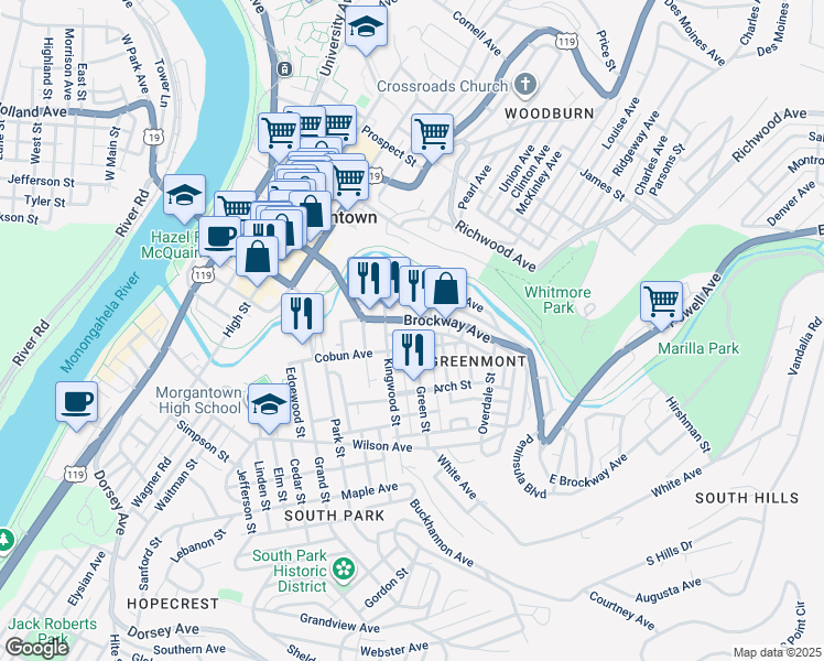 map of restaurants, bars, coffee shops, grocery stores, and more near 427 Clark Street in Morgantown