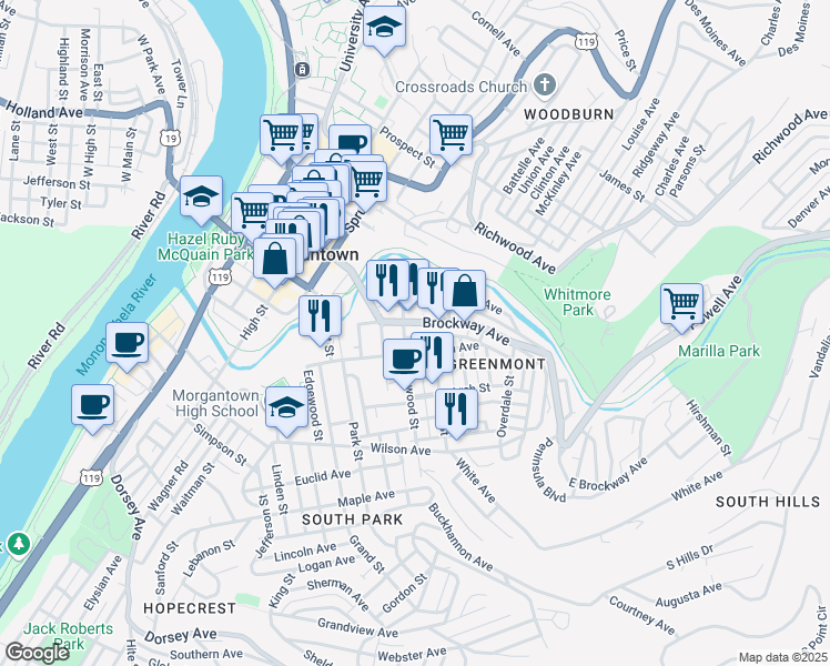 map of restaurants, bars, coffee shops, grocery stores, and more near 427 Clark Street in Morgantown
