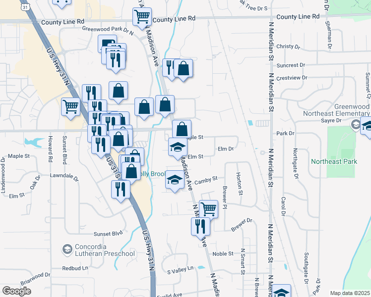 map of restaurants, bars, coffee shops, grocery stores, and more near 855 North Madison Avenue in Greenwood