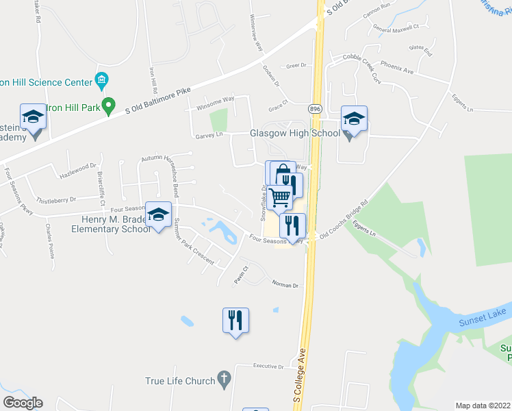 map of restaurants, bars, coffee shops, grocery stores, and more near 40 Winterhaven Drive in Newark