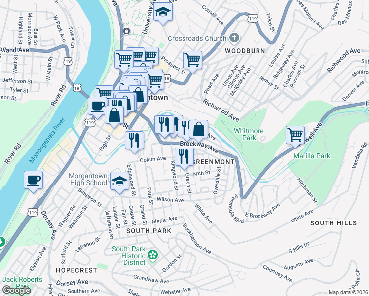map of restaurants, bars, coffee shops, grocery stores, and more near 427 Clark Street in Morgantown
