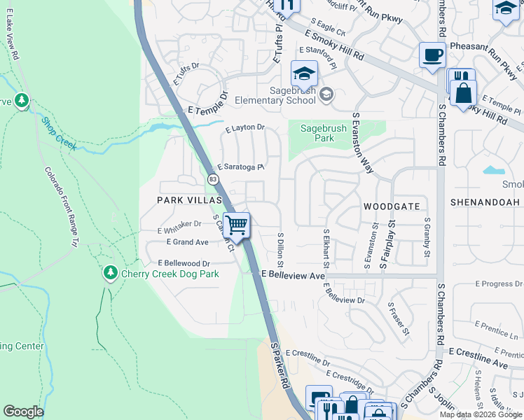 map of restaurants, bars, coffee shops, grocery stores, and more near 14256 East Whitaker Place in Aurora