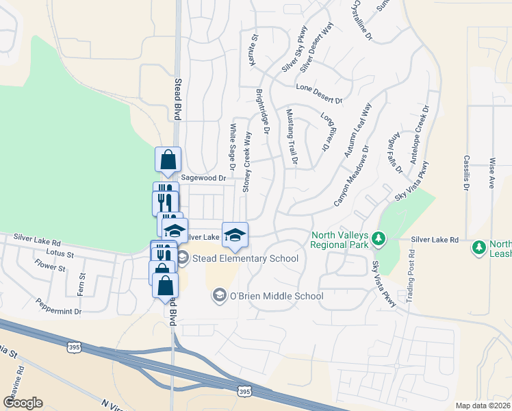 map of restaurants, bars, coffee shops, grocery stores, and more near 9195 Brightridge Drive in Reno