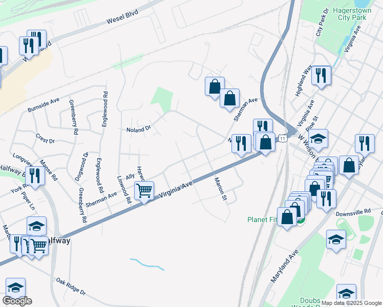map of restaurants, bars, coffee shops, grocery stores, and more near 1219 Sherman Avenue in Hagerstown