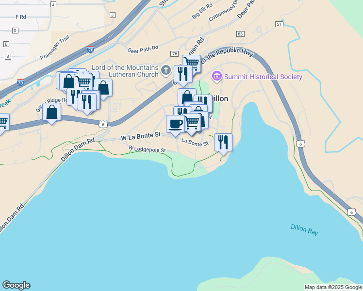 map of restaurants, bars, coffee shops, grocery stores, and more near 112 La Bonte Street in Dillon