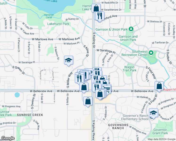 map of restaurants, bars, coffee shops, grocery stores, and more near 4947 South Kline Street in Littleton
