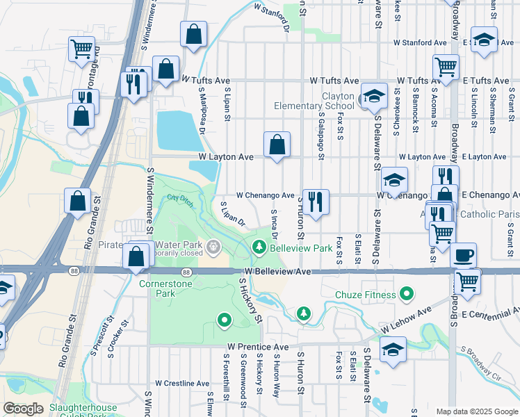 map of restaurants, bars, coffee shops, grocery stores, and more near 4936 South Kalamath Drive in Englewood