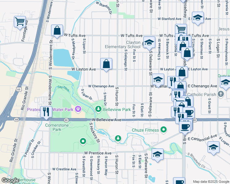 map of restaurants, bars, coffee shops, grocery stores, and more near 4915 South Huron Street in Englewood