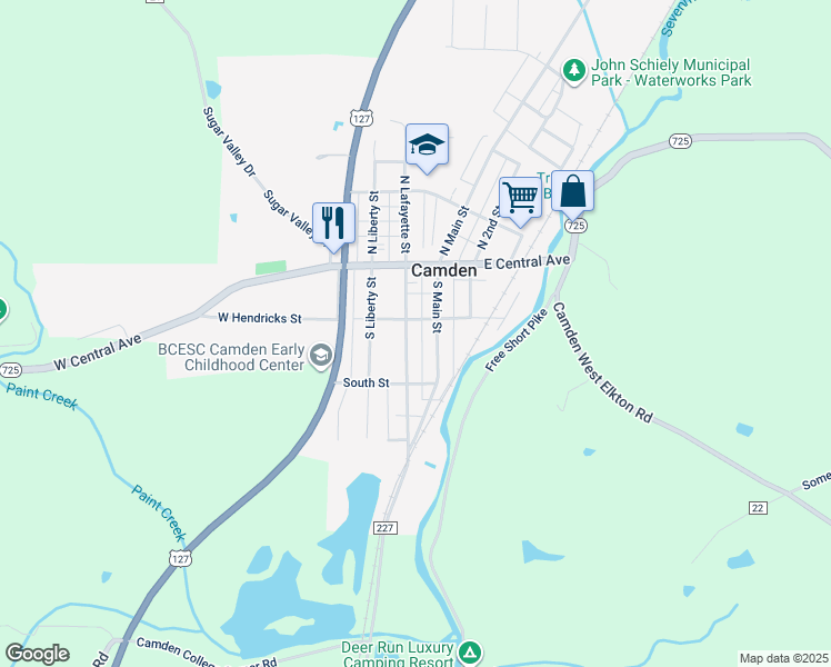map of restaurants, bars, coffee shops, grocery stores, and more near 118 S Lafayette St in Camden