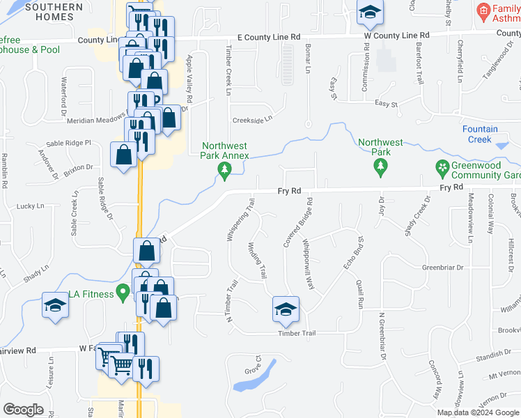 map of restaurants, bars, coffee shops, grocery stores, and more near 741 Winding Trail in Greenwood