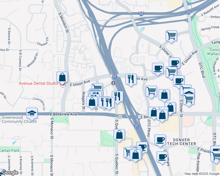 map of restaurants, bars, coffee shops, grocery stores, and more near 4810 South Newport Street in Denver