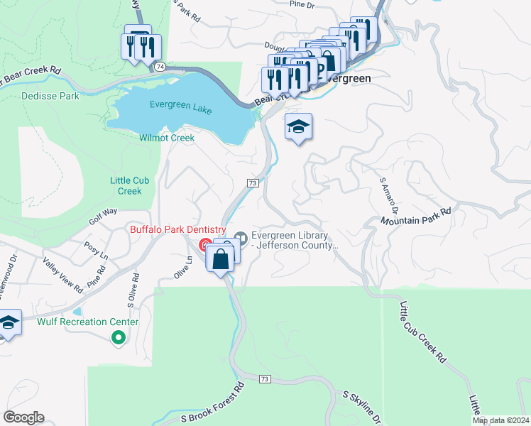 map of restaurants, bars, coffee shops, grocery stores, and more near 4922 Silver Spruce Lane in Evergreen