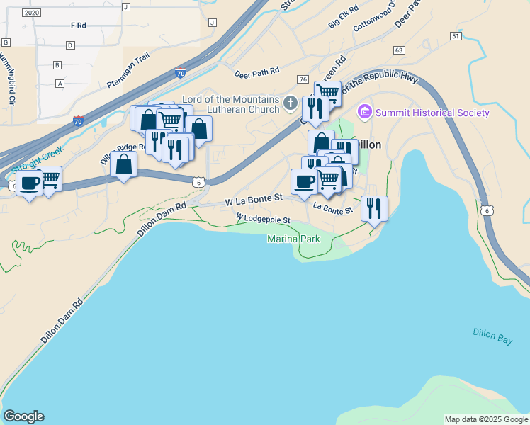 map of restaurants, bars, coffee shops, grocery stores, and more near 104 Lodgepole Street in Dillon