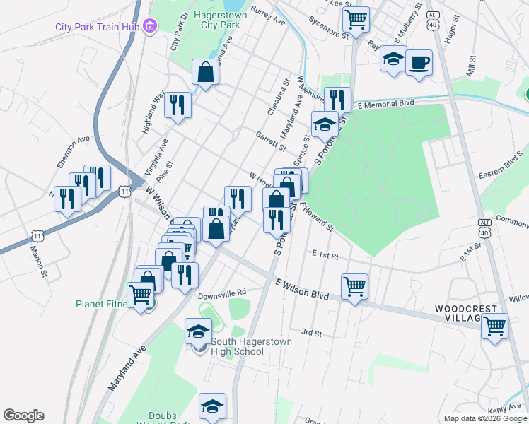 map of restaurants, bars, coffee shops, grocery stores, and more near 833 Spruce St in Hagerstown