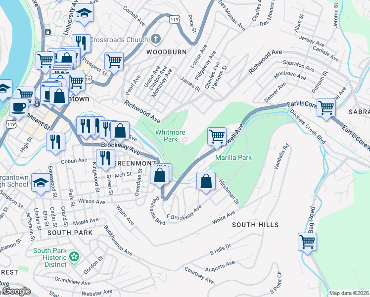 map of restaurants, bars, coffee shops, grocery stores, and more near 500 Preston Rd in Morgantown