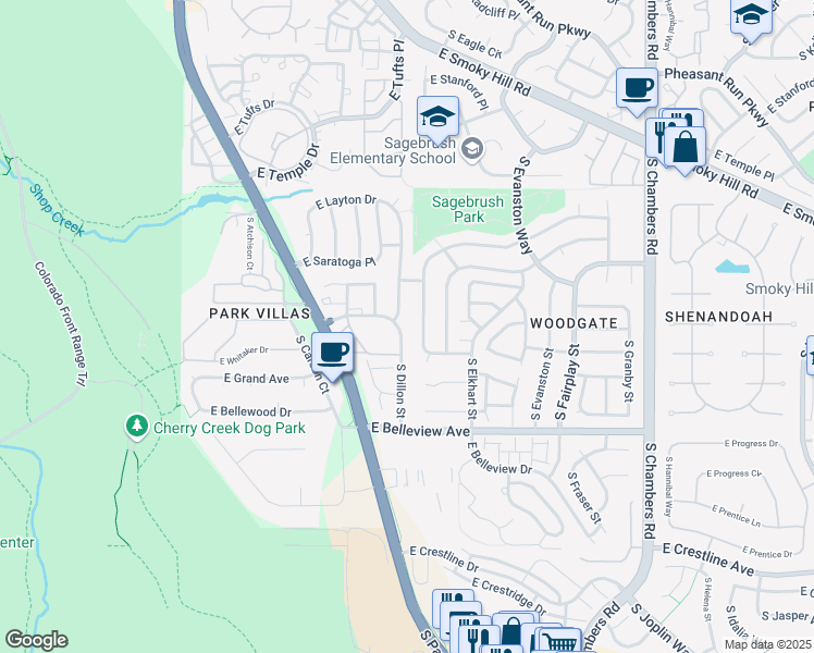 map of restaurants, bars, coffee shops, grocery stores, and more near 4956 South Dillon Street in Aurora