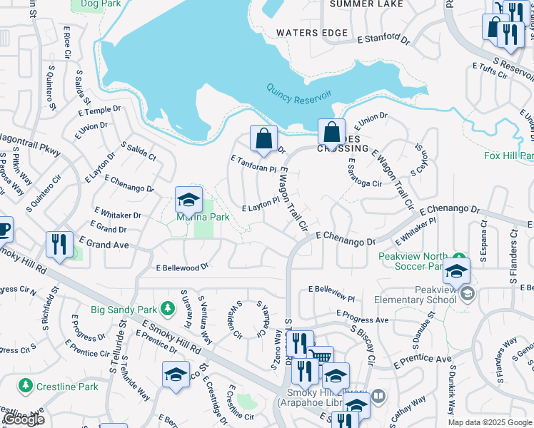 map of restaurants, bars, coffee shops, grocery stores, and more near 18544 East Layton Place in Aurora