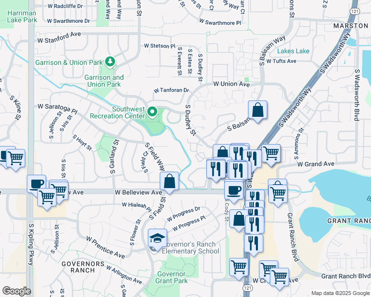 map of restaurants, bars, coffee shops, grocery stores, and more near 4900 South Field Court in Denver