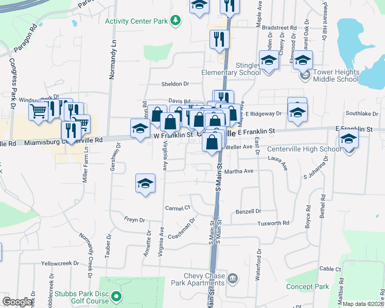 map of restaurants, bars, coffee shops, grocery stores, and more near 14 Country Manor Lane in Dayton