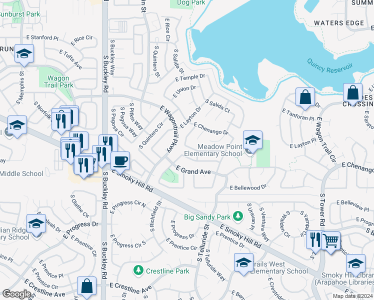 map of restaurants, bars, coffee shops, grocery stores, and more near 17478 East Whitaker Drive in Aurora