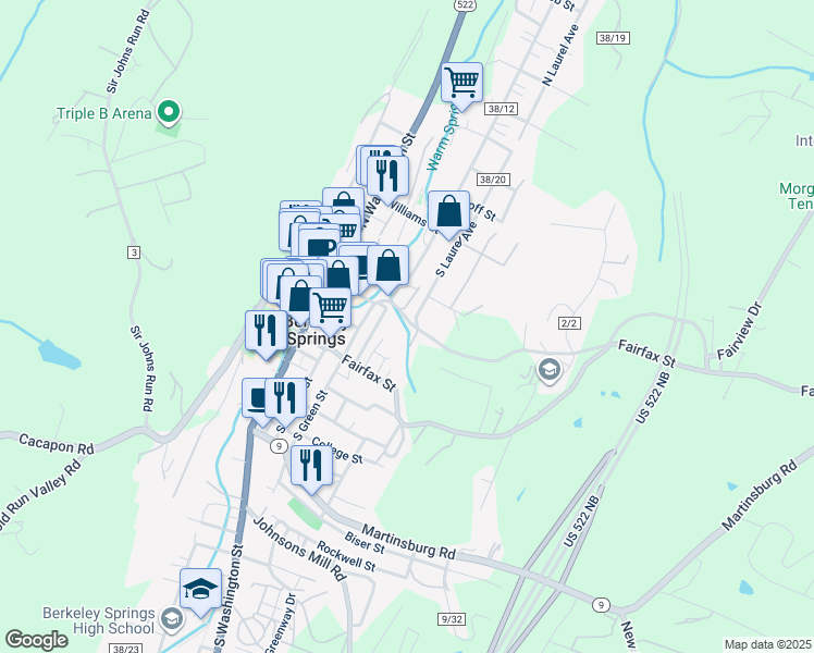 map of restaurants, bars, coffee shops, grocery stores, and more near 109 Davis Road in Berkeley Springs