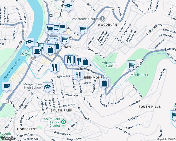 map of restaurants, bars, coffee shops, grocery stores, and more near 509 Clark Street in Morgantown