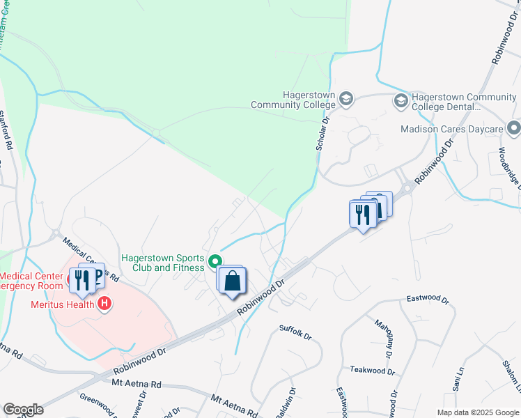 map of restaurants, bars, coffee shops, grocery stores, and more near 20203 Huntington Court in Hagerstown