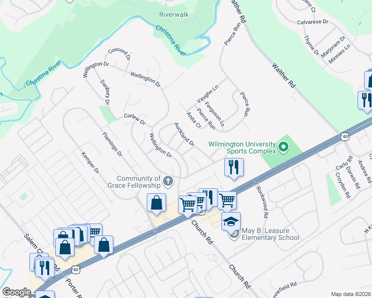 map of restaurants, bars, coffee shops, grocery stores, and more near 13 Laxford Drive in Newark