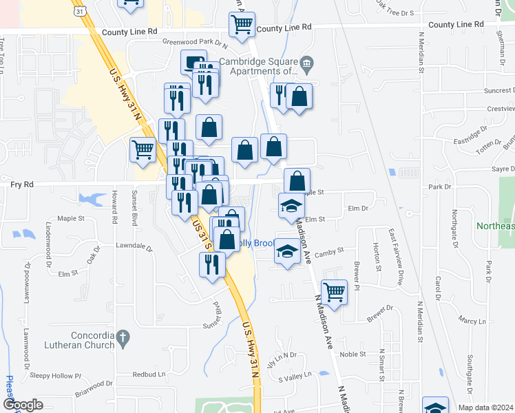 map of restaurants, bars, coffee shops, grocery stores, and more near 849 Riverside Drive in Greenwood